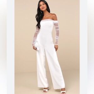 Lulus‎ Eternal Bliss White Tulle Off-the-Shoulder Wide-Leg Jumpsuit